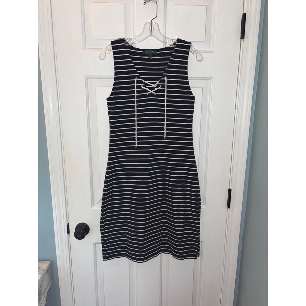Lauren Ralph Lauren Nautical Navy Striped Lace Up Cotton Tank Dress